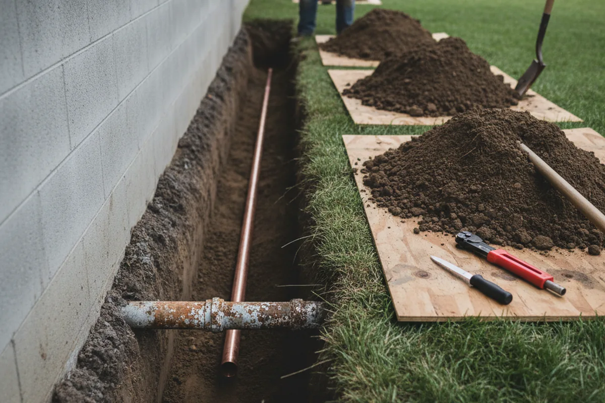 Excavated water line trench during Water Softener Installation in Baird